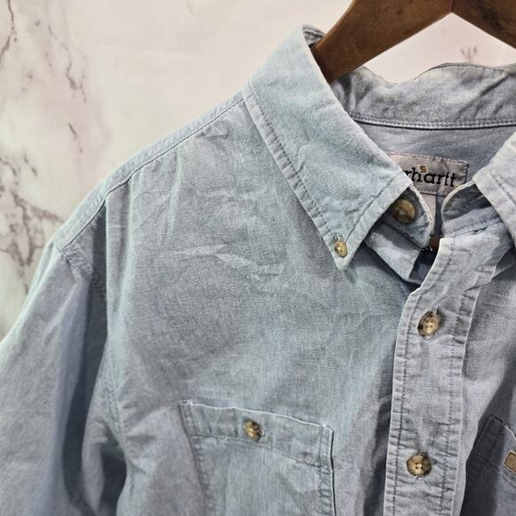 Carhartt Shirt Men Large Short Sleeve Button Up Denim Chambray Jean Collared - Picture 2 of 15